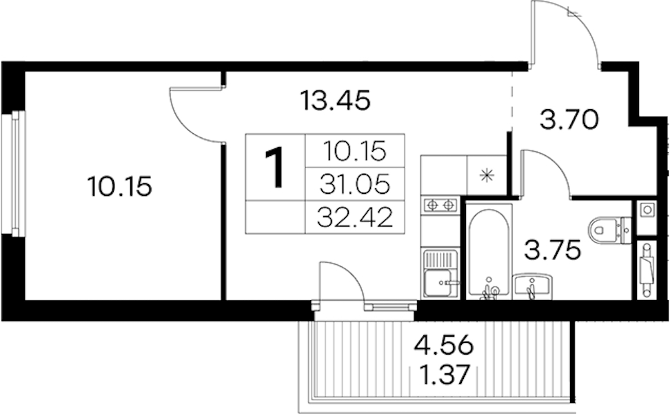 1-комнатная квартира 32.42 м², 12/15 эт., ЖК «GloraX Парголово»
